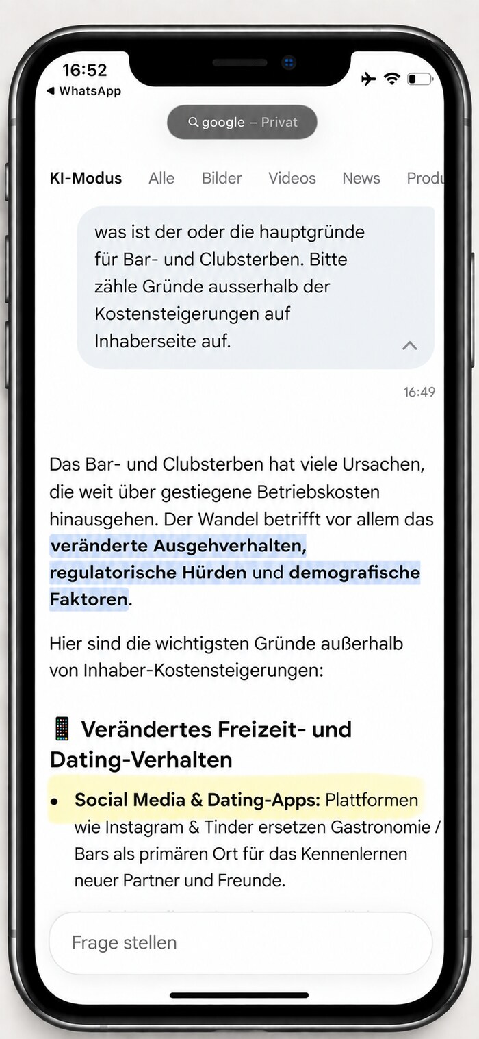 Bildschirmfoto einer Suchmaschinen-KI: Auf die Frage nach den Hauptgründen für Bar- und Clubsterben außerhalb von Kostensteigerungen nennt sie verändertes Ausgehverhalten, regulatorische Hürden und demografische Faktoren — Apps hätten die Gastronomie als primären Ort des Kennenlernens ersetzt.